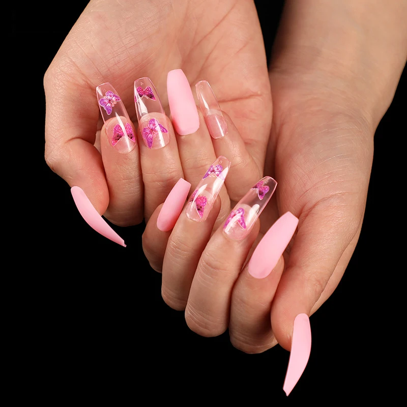 24pcs Butterfly Fake Nails With Glue Pink Clear With Butterfly Designs Acrylic Nails Coffin Full Cover Long Nail Tips Supplies False Nails Aliexpress