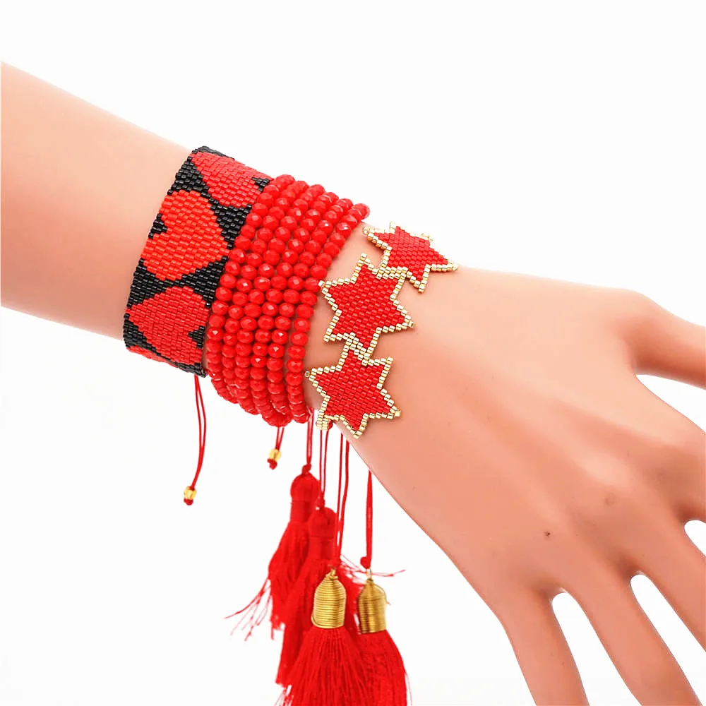 

Go2boho MIYUKI Heart Bracelet 3 Star Pulseras Mujer 2019 Bracelets Red Crystal Jewelry For Women Tassel Handmade Woven Armband