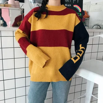 

Fashion Women Autumn Sweaters Letter Long Sleeve Knitted Tops Casual O-Neck Loose Striped Comfortable And Breathable Simple