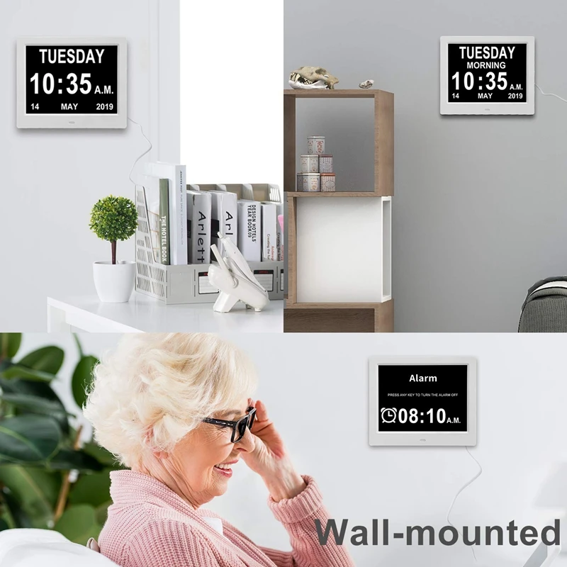 Digital Calendar Alarm Day Clock- with 8 inch Large Screen Display, Am Pm, 5 Alarm, for Extra Large Impaired Vision People, the