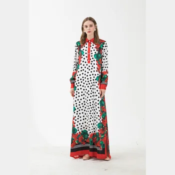 

Women Maxi Dress 2019 High Quality Runway Turn-down Collr Long Sleeve Printed Side Split Elegant Loose Long Dresses NP0819L