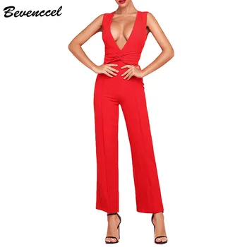 

Bevenccel High Quality Elegant Women Jumpsuit Sleeveless Deep V Sexy Bodycon Bodysuits Elegant Celebrity Evening Party Jumpsuit