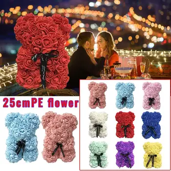 

25cm Rose Bear Doll PE Artificial Rose Handmade Romantic Love Heart Rose Flower Bear Foam Toy Valentine's Day Wedding Gift