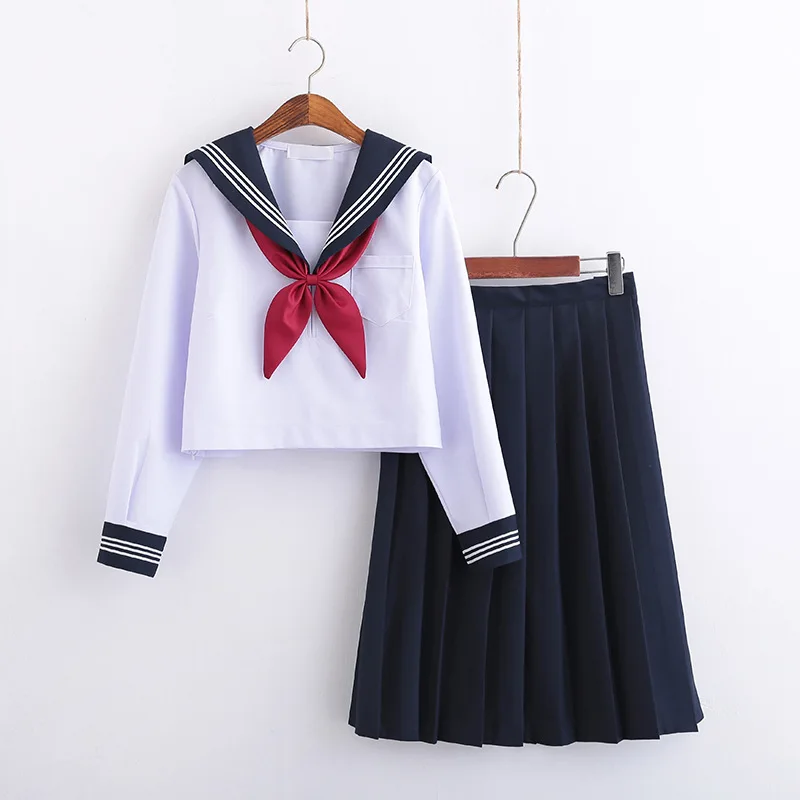 Школьные платья для девочек, белая рубашка с галстуком, с длинными рукавами, темно-синий матросский костюм, большие размеры, S-5XL, форма аниме, школьная форма Jk