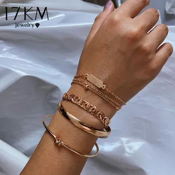 

17KM Punk 4Pcs/set Multilayer Bracelets Charm For Women Girls Vintage Knot Beads Thick Chain Bangles Bracelet Bohemian Jewelry