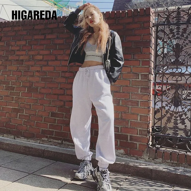 

HIGAREDA Women Casual Pants Fashion Streetwear Solid Harem Pants High Waist Drawstring Lady Long Trousers Korean Style New
