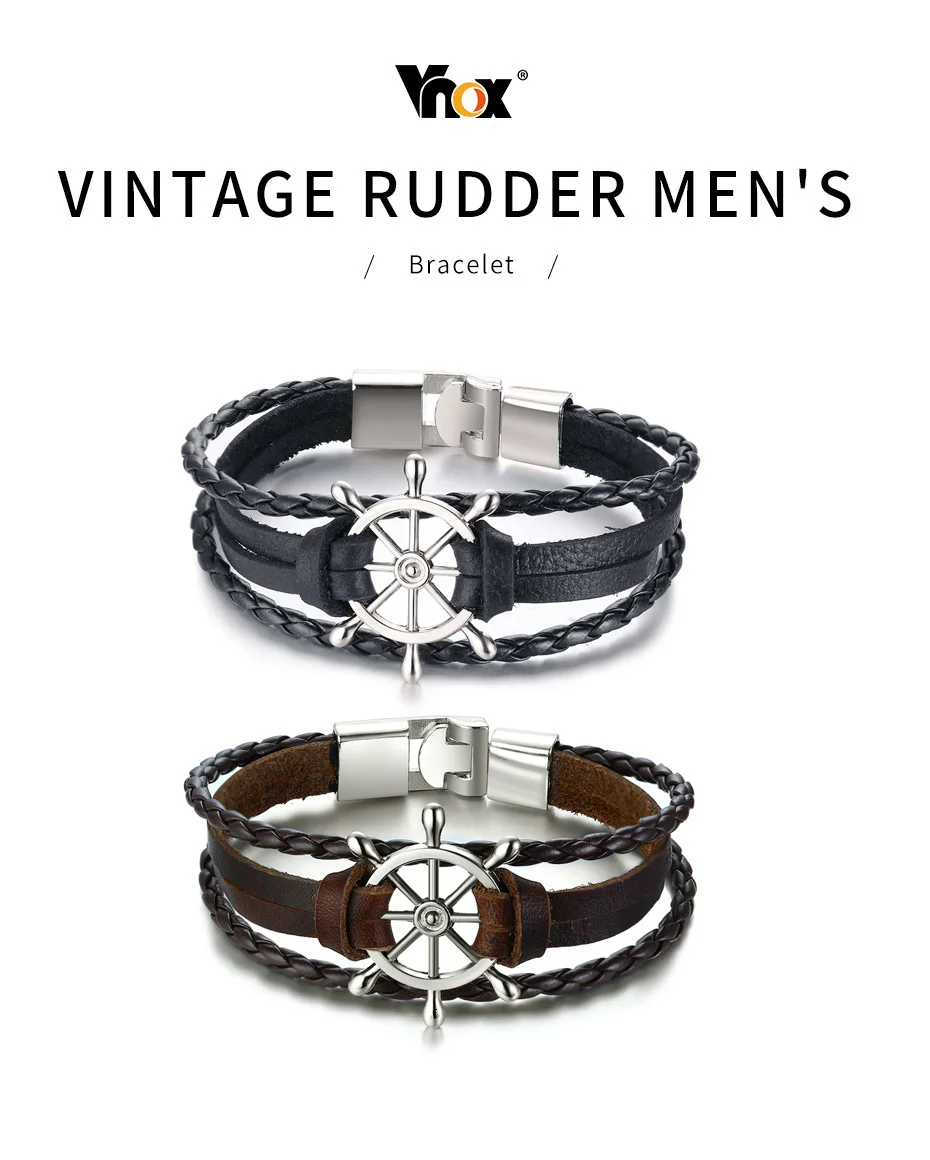 Винтажный Браслет Vnox с подвеской в виде руля для мужчин, многослойный кожаный браслет с веревкой, браслеты на запястье 7,8" pulseira masculina
