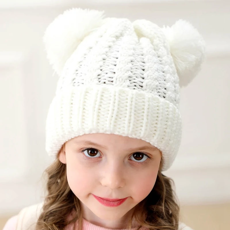 Детская вязаная шапочка, шапки, зимняя теплая шапка для мальчиков и девочек, рождественские плюшевые шапки с 2 помпонами