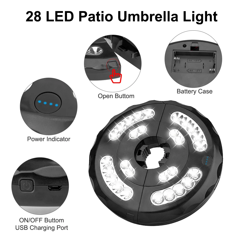 28LEDs Lantern Poles Umbrella Light Dual Power Source Patio Lamp Portable Camping Emergency Lights For Beach Tent |