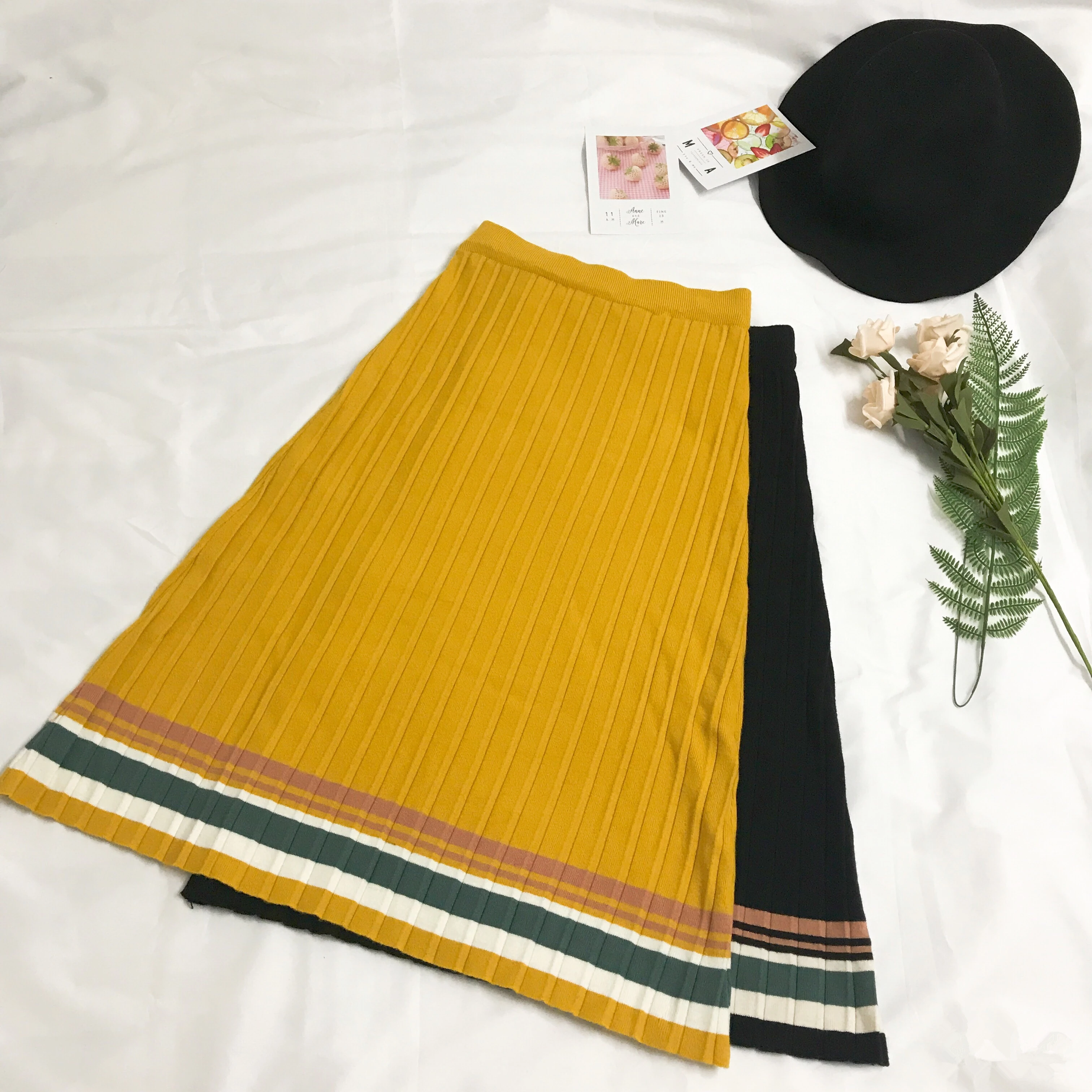 

Neophil Striped Knitted High Waist A Line Midi Skirts Womens 2019 Fall Winter England Style Black Basic Skirt Knitwear S2982