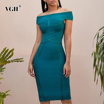 

VGH Patchwork Sexy Party Dresses Female Slash Neck Sleeveless Off Shoulder High Waist Slim Dress For Women 2020 Spring Fashion