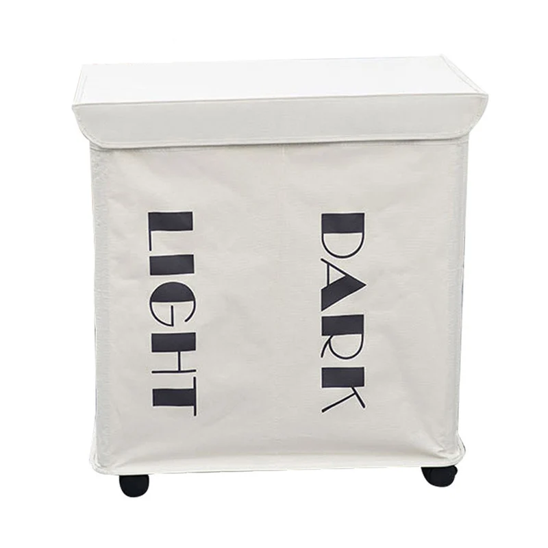 

Foldable Laundry Storage Basket Dirty Clothes Two Grid Organizer Basket with Wheels Cover Large Laundry Basket Waterproof Hamper
