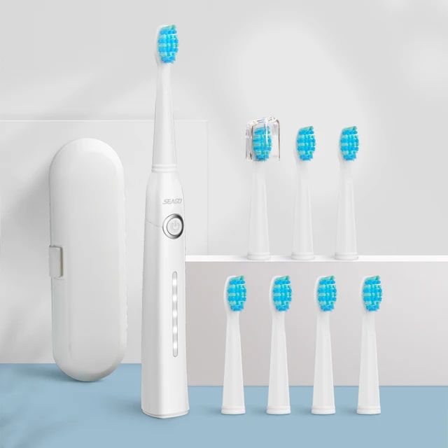 Seago Sonic Electric Toothbrush Tooth brush USB Rechargeable adult Waterproof Ultrasonic automatic 5 Mode with Travel case white 8 heads box