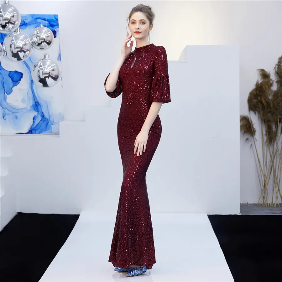 Элегантное платье русалки размера плюс Robe De Soiree DX266-3 с o-образным вырезом тонкое женское вечернее платье длинное бордовое вечернее платье с блестками