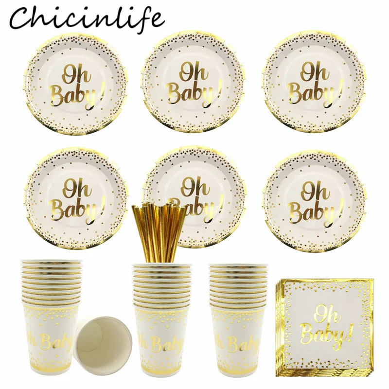 

Chicinlife Gold Disposable Tableware Oh Baby Paper Plates Cups Napkins Birthday Party Cutlery Baby Shower Gender Reveal Supplies