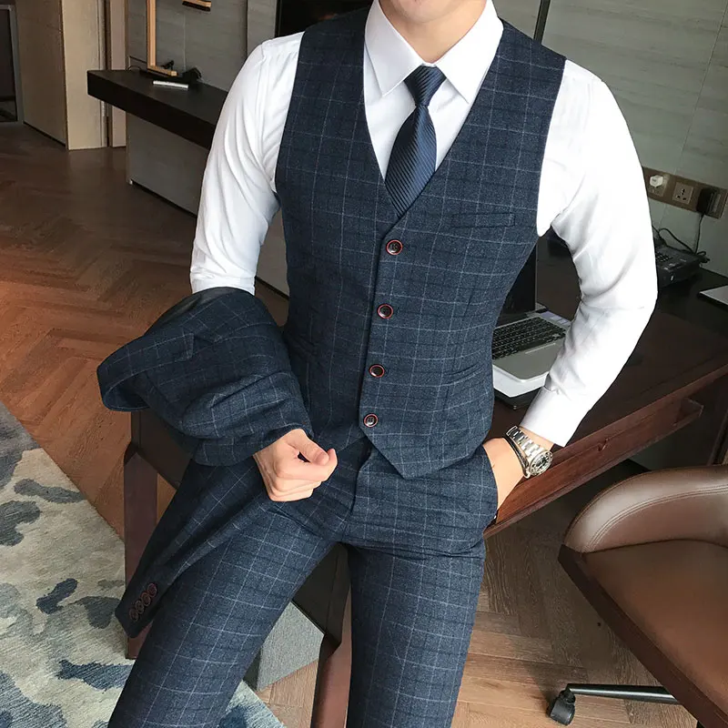 (blazer+pants+vest) Luxury Men Suit 3 Piece Set Fashion Boutique Lattice Groom Wedding Dress Men's