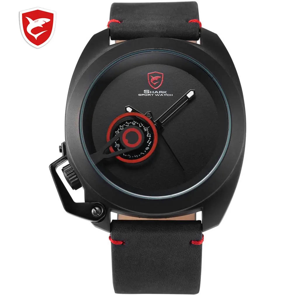 

SH446 Tawny SHARK Sport Watch Red Date Crown Guard Design Male Luxury Genuine Leather Wrist Watches Mens Fashion Quartz Relogio