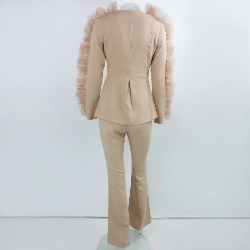 Tobinoone New Fashion Lace Ruffle Two Piece Set Women V Neck Jacket Suits 2 Piece Women's Set Autumn Elegant Celebrity Suit