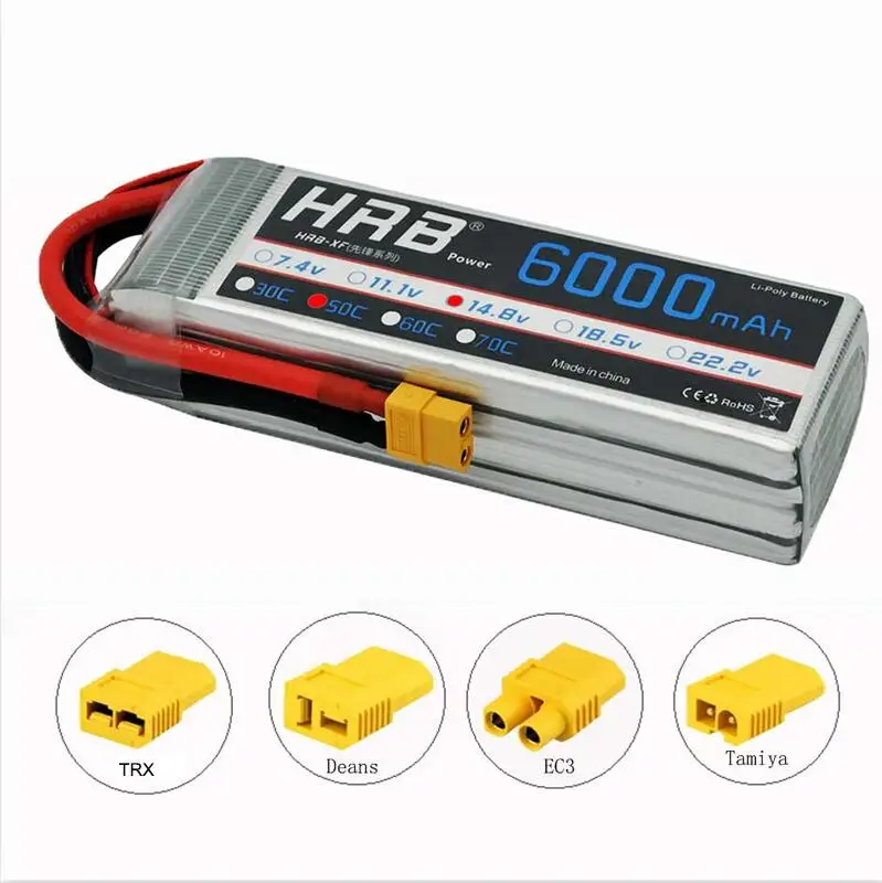 HRB 14,8 V 6000mAh 50C Burst 100C 4S Lipo литий-полимерный аккумулятор Bateria AKKU для радиоуправляемого автомобиля квадрокоптера вертолета самолета - Цвет: XT60 with 4 adapters