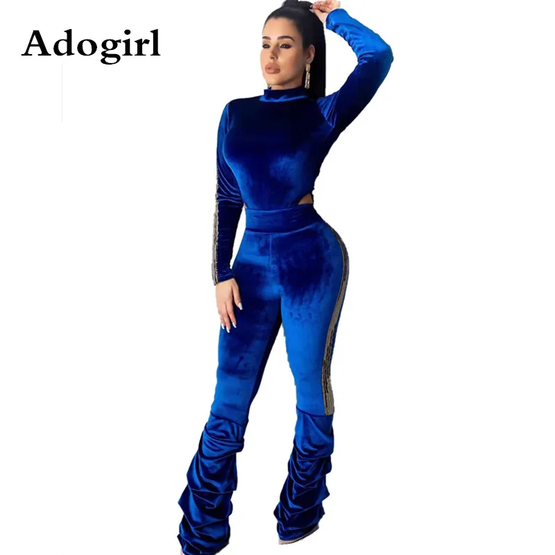 Velvet Tracksuit Warm Two Piece Set Sexy Long Sleeve Cut Out Bodysuit + Pencil Pants Matching Outfit 2019 Autumn Outfits |