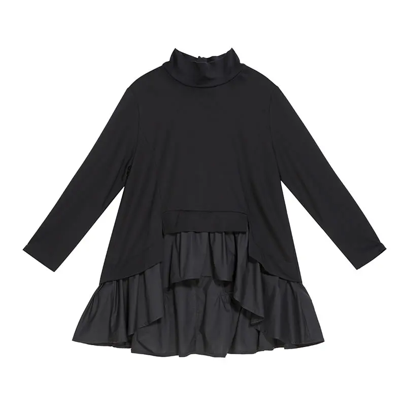 XITAO Лоскутная черная футболка с оборками Женская одежда модная универсальная Асимметричная футболка пуловер длинный рукав осень WQR1670