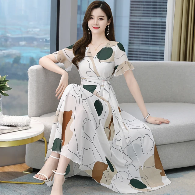 Women Summer 2021 White Chiffon Dress Casual Robe Vestito Floreale Midi Tunics Boheme Short Sleeve V-Neck Plus Size Dresses white