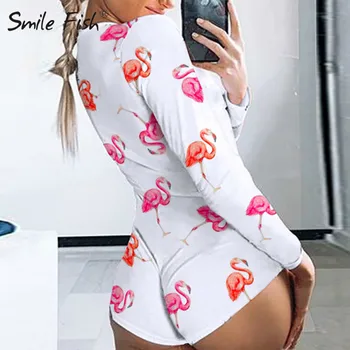 

Sexy Sweet Prairie Buttons 2020 New Fashion V-Neck Sleepwear Women Bodycon Bodysuit Printed Heart Swan Print Play suits G1483