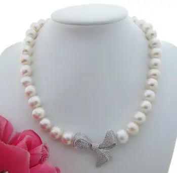 

10-11MM White Freshwater Pearl Necklace CZ Pendant 19"