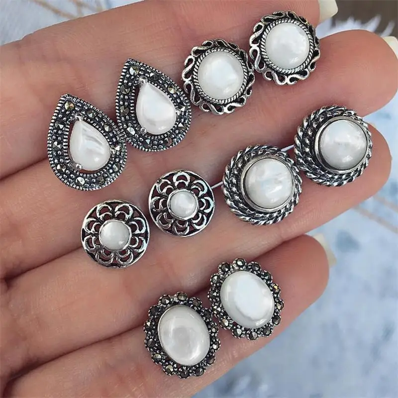 

FNIO 5pairs / set Large Opal Stud Earrings Women's Wedding Boucle D'oreille Earrings Dazzling Jewelry Cubic Zirconia Brincos new