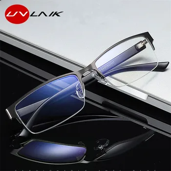 

UVLAIK Blue Light Blocking Finished Myopia Glasses Men Metal Half Frame Business Eyeglasses Short Sight Diopter Eyewear Frames