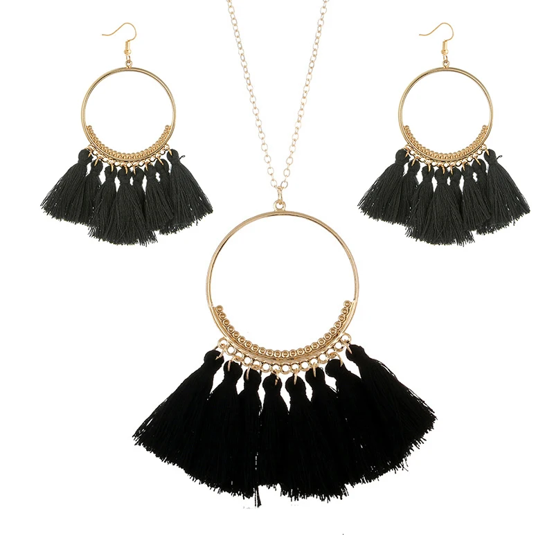 cjh026 Christmas Hoops Tassle Tassel Earrings Necklace Set Drop Fringe   Necklace Set