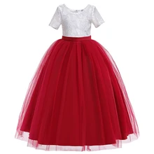 Детское кружевное платье с короткими рукавами в европейском и американском стиле для девочек летнее Милое Свадебное платье подружки невесты с цветочным узором для девочек