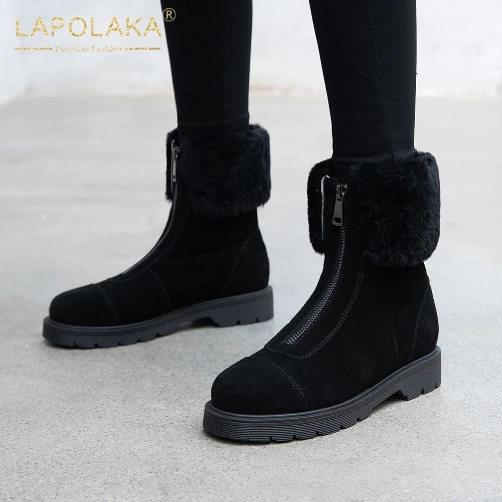 

Lapolaka new arrivals 2020 Cow Suede Add Fur Autumn Winter Boots Woman Shoes Zip Up Concise Shoes Women Boots Female