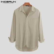 INCERUN Винтаж мужские рубашки с длинным рукавом, на пуговицах; стильные рубашка Харадзюку дышащая шик из хлопка и льна Повседневное брендовая рубашка Для мужчин плюс Размеры