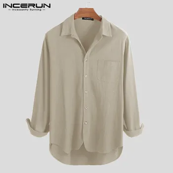 

INCERUN Vintage Men Shirt Long Sleeve Solid Button Harajuku Camisa Breathable Chic Cotton Linen Casual Brand Shirt Men Plus Size