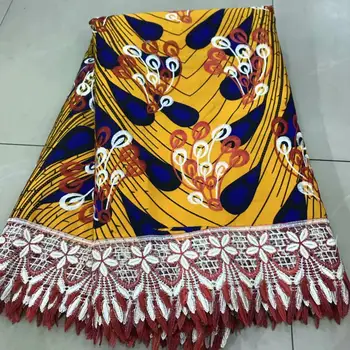 

African Emrboidery Real Ankara Print Wax Fabric With Cord Lace For Lady Dress ZQL8(6Yards/Lot)