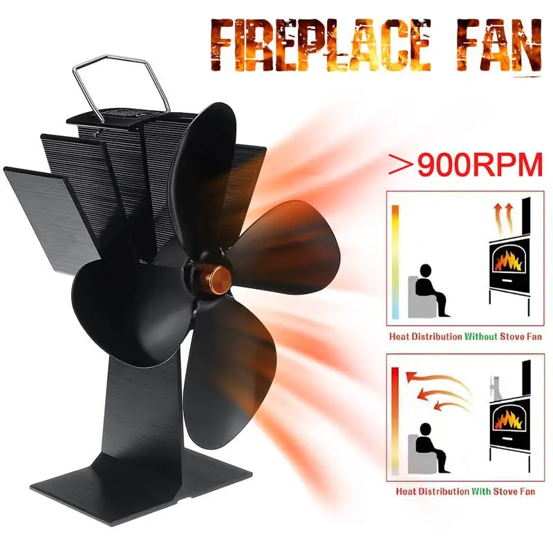 

Black Fireplace 4 Blade Heat Powered Stove Fan Burner Eco Friendly Quiet Fan Home Fireplace Fan Efficient Heat Distribution