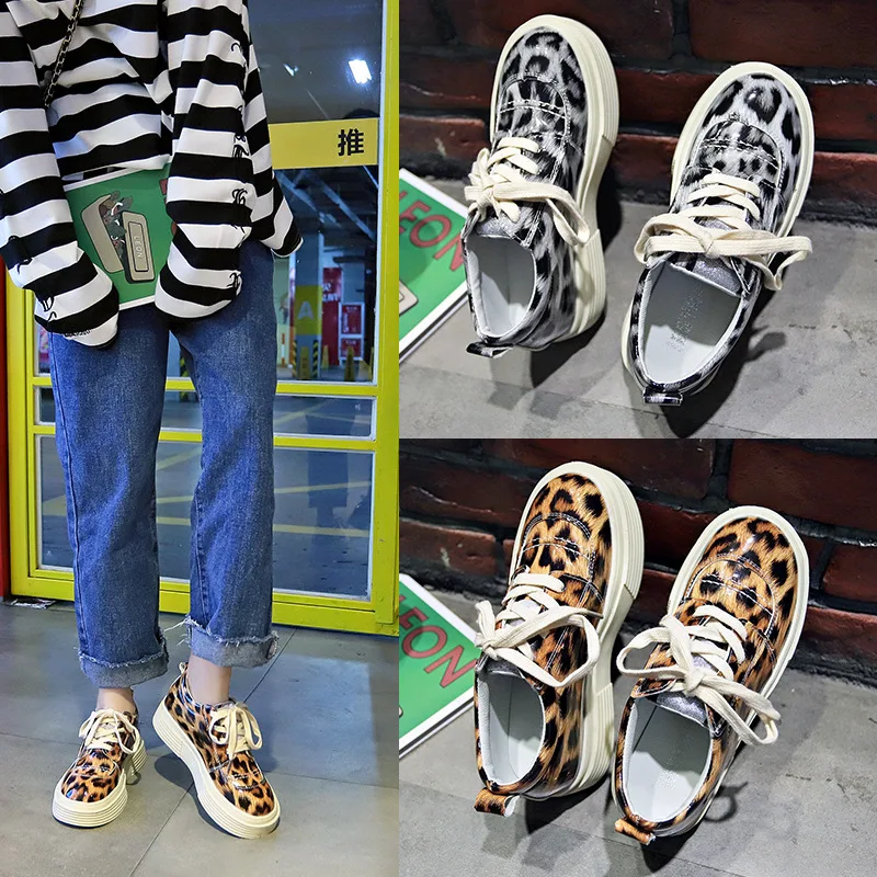 

British-Style 2019 Spring New Style Versatile Comfortable Soft Bottom round-Toe Leopord Pattern Lower-cut Casual Shoes Lace-up S