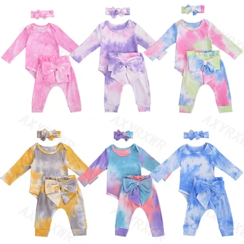 

Spring Autumn Newborn Infant Baby Girls Clothing Sets Tie Dye Print Romper Tops+Bowknot Pants Leggings+Headband Cotton Outfits