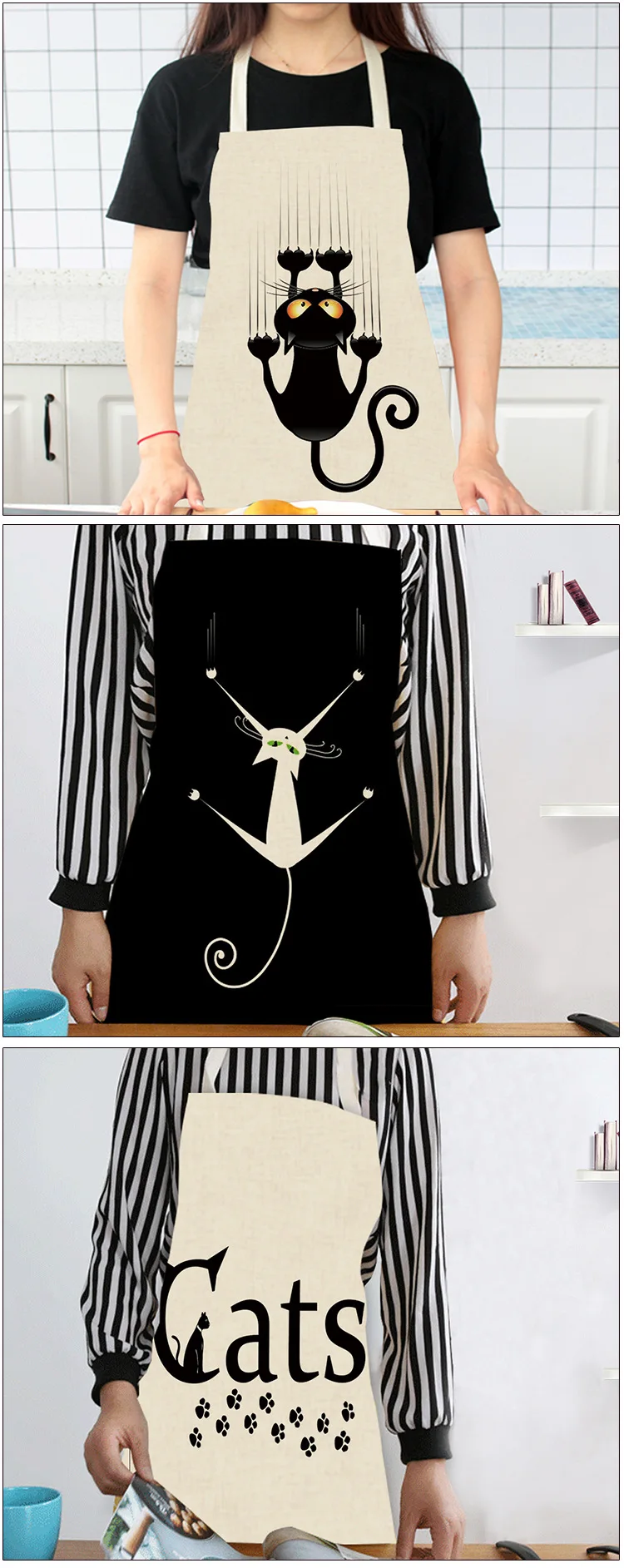 Senyue 1Pcs Kitchen Apron Cute Cartoon Cat Printed Sleeveless Cotton Linen Aprons for Men Women Home Cleaning Tools