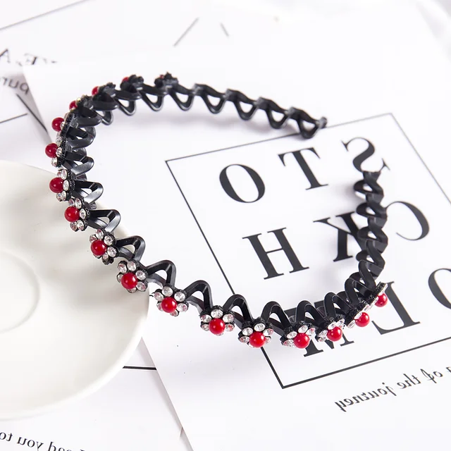 Fashion Pearl Non-Slip Rhinestone Hairbands Elastic Flower Women Hair Hoop Bands Headband Bezel Girls Hair Accessories Headdress red pearl