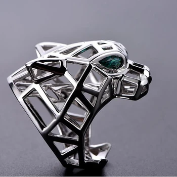 

Large Green Eyes Hollow Leopard Head Finger Ring Gold Silver Color Panther Animal Head Ring for Men Women Party Jewelry Size 6-9