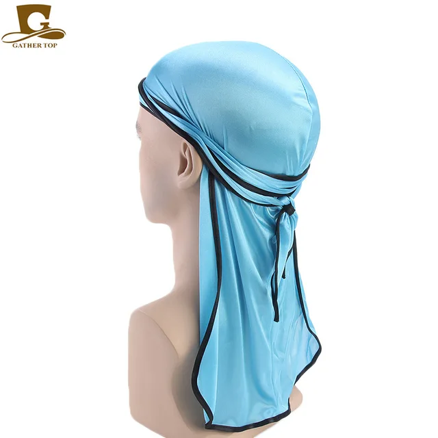 Men's Silky Durags Bandanas Turban hat Wigs Doo Men Satin Durag Biker Headwear Headband Hair Accessories Extra Long Tail Du-Rag Adult Lake blue