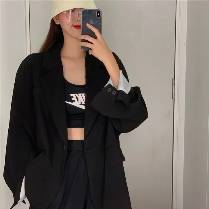 

Black And White with Pattern Suit Jacket Women's Korean-style Loose Retro Hong Kong Style Casual Tops Spring And Autumn Drape Ve