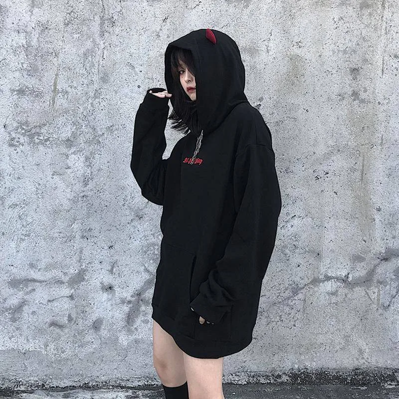 Осенняя теплая толстовка с капюшоном Женская мода Harajuku дьявол крыло Лоскутная Толстовка Женская Повседневная Уличная одежда Япония Топы