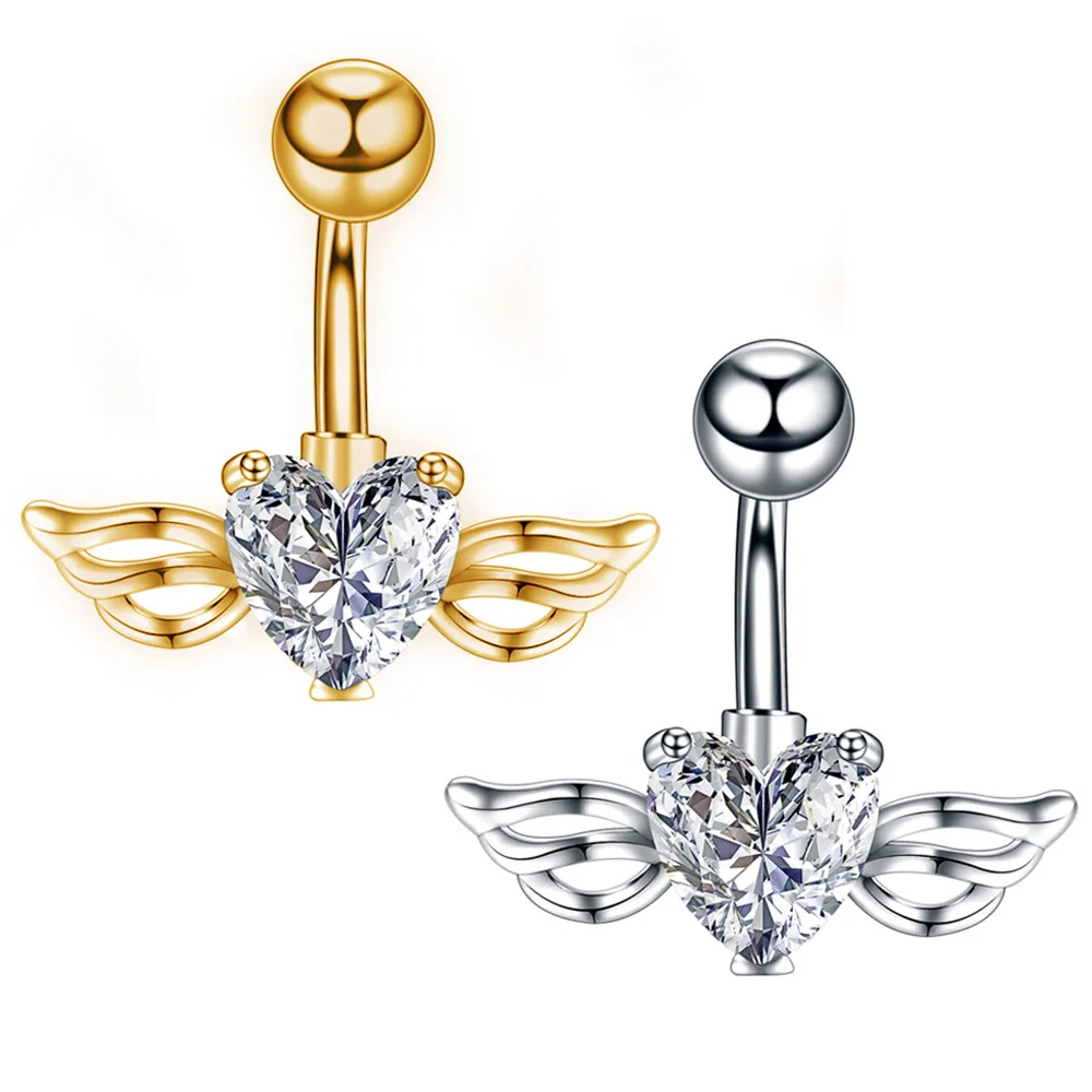 Sexy steel belly button rings, crystal navel, heart-shaped wings, piercing navel earring, belly body piercing jewelry, woman, 1PC