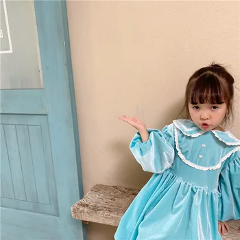 

2020 Autumn Korean Girls Velvet Dress Toddler Baby Long Lantern Long Sleeve Solid Color Fashion Lace Collar Princess Dresses
