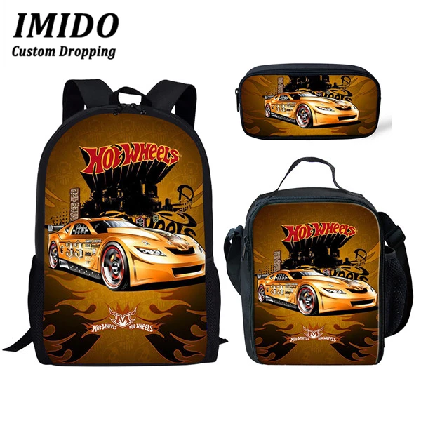 

IMIDO Hot Wheels Racing Car School Bags 3pcs/set for Cool Teenagers School Backpack Cartoon Pattern Bookbag Lovely Satchel 2019