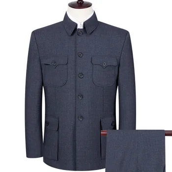 

Pure Color Middle-Aged Men Retro Two-Piece Set Gray Black Lapel Single-Breasted Blazer Coat and Trousers S M L XL XXL XXXL XXXXL