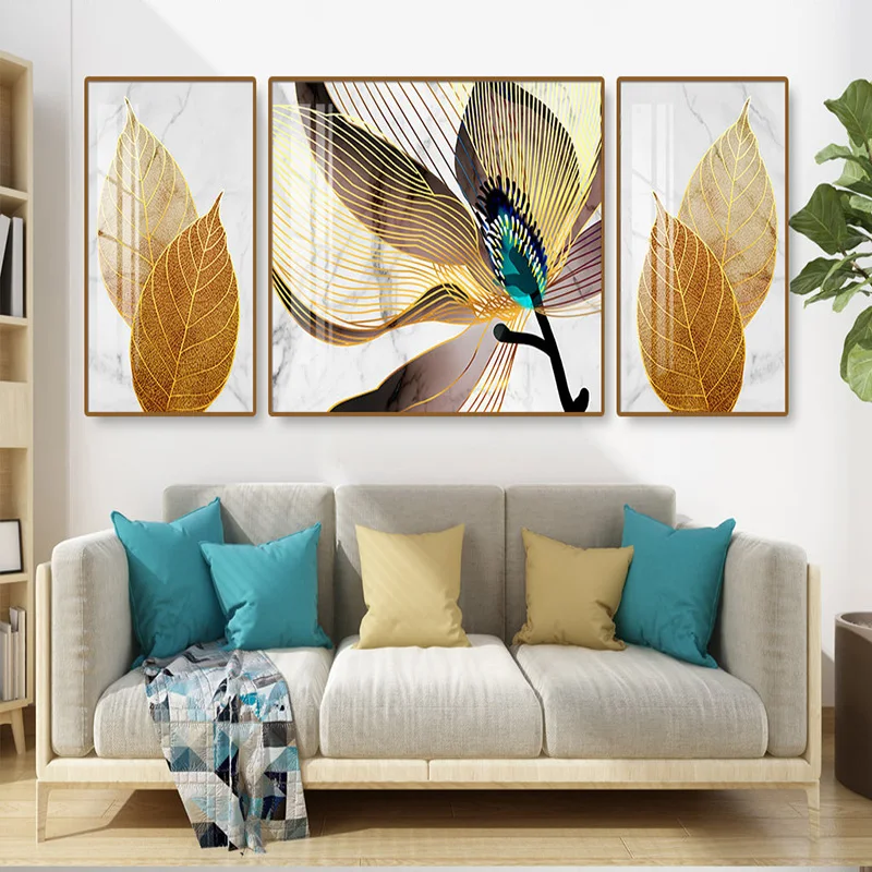3 Pieces Luxury Goden Flower Canvas Painting Wall Art Leaves Gold Lines Posters Prints Wall Pictures Living Room Decor Cuadros